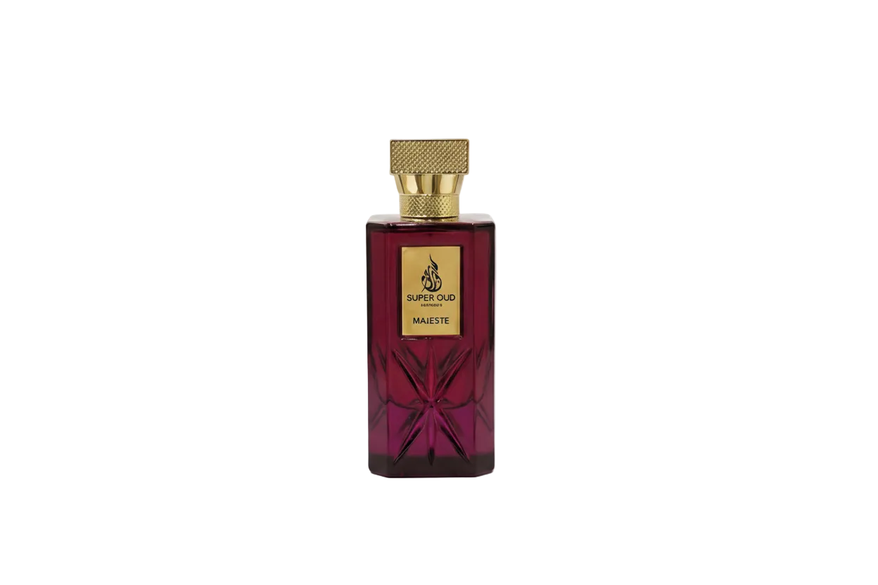 Perfume bottle with gold cap and label on a white background